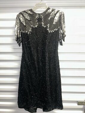 Black Sequin Short Sleeve Evening Dress